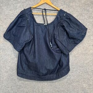 Pilcro Anthropoligie Peplum Puff Sleeve Blouse Womens Large Dark Blue Denim